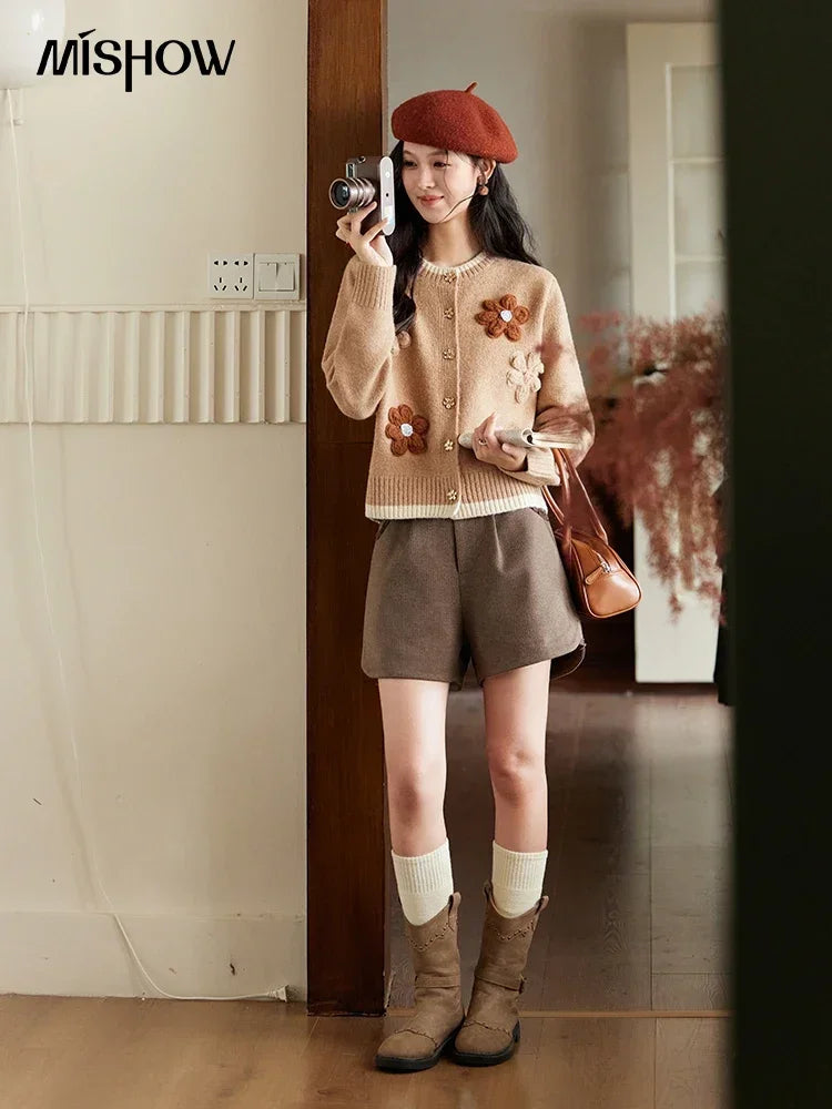 MISHOW Knitted Sweater Flower Pattern Cardigan O-Neck Color Clash Design Warm Coat Metal Buttons Sweet Soft Tops MXD56Z0919