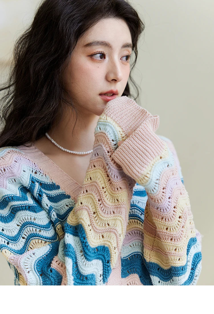 MISHOW Color Stripe Knitted Cardigan Women 2025 Spring V-neck Long Sleeve Loose Cardigans Woman Fashion Office Lady MXE16Z1203