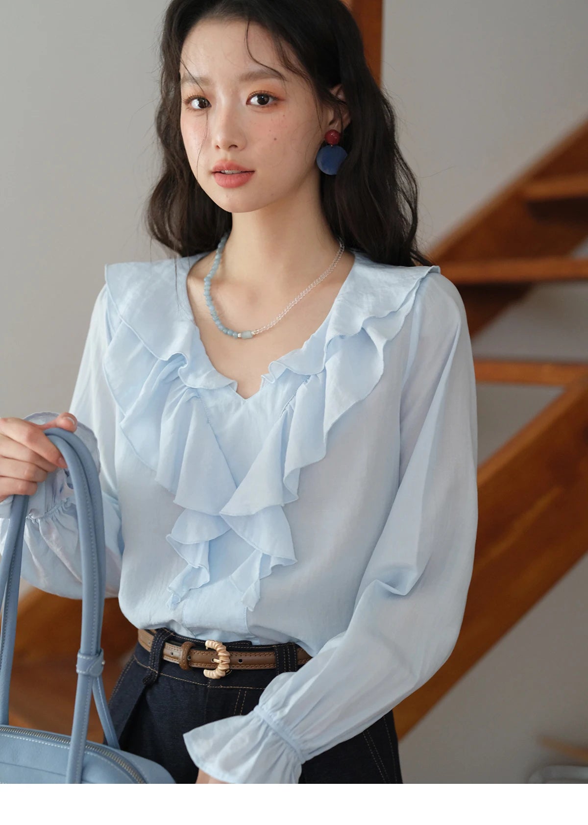 MISHOW Blue Lyocell Ruffled Shirt 2025 Autumn V-neck Flared Sleeves V-neck Shirts Commuting Elegant Versatile Tops MXE41X1969