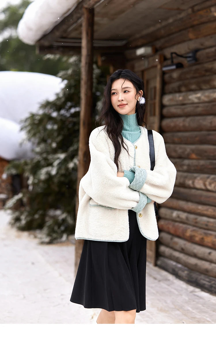 MISHOW Lamb Wool Jacket Women Cuffs Spliced Lace Metal Buttons Design Suede Plush Soft Warm Solid Leather Fur Coats MXD58W0740