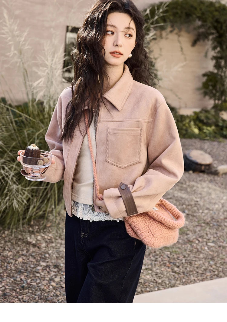 MISHOW Suede Symmetric Pocket Jacket American Vintage Zipper Short Outwear 2024 Winter Sweet Slim Lapel French Jacket MXD48W0478