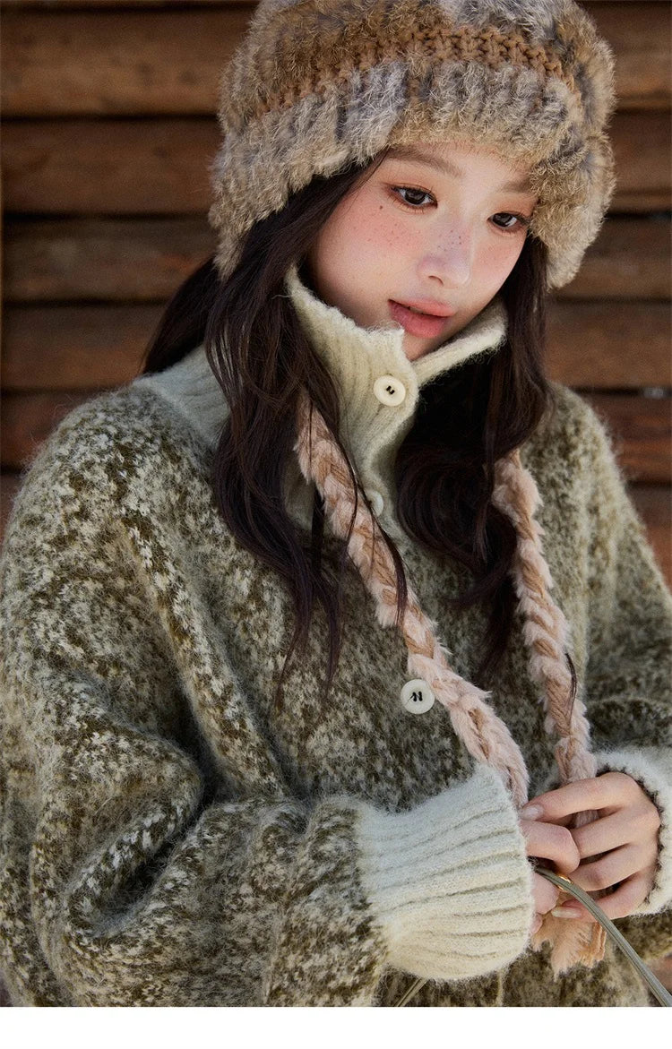 MISHOW Women's Green Retro Mottled Sweater Winter 2025 Casual Stand-up Collar Batwing Sleeves Knitted Cardigan tops MXE90Z2787