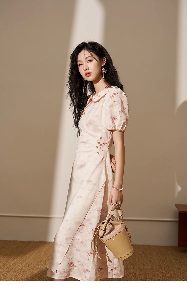 MISHOW Chinese Doll Collar Dresses 2024 Summer Improved Cheongsam Waist Pink Bamboo Printing Splicing Mesh Midi Dress MXD22L1829