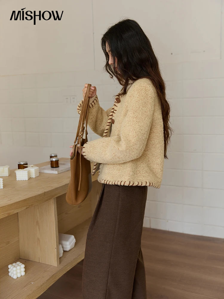 MISHOW Women Winter Jacket 2025 Fashion New Apricot Round Neck Single-breasted Wool Coat Elegant Commuting Short Coat MXE88W0885