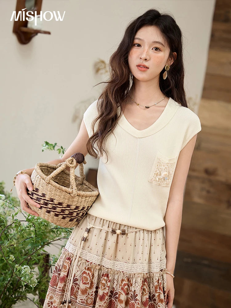 MISHOW Cool Knitted Short Sleeve T-shirt 2025 Summer V-neck Pocket Shell Lace Tops Casual Solid Raglan Sleeve Tees MXE34Z1265