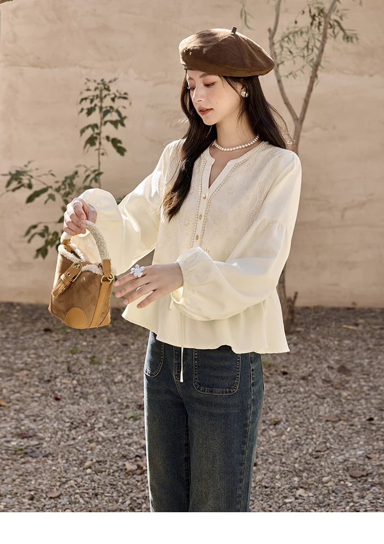 MISHOW Women's French V-neck Blouse Lace Lantern Sleeve Long-sleeved Blouses 2024 Fall Tie Drawstring Waist Slim Tops MXD45X1660