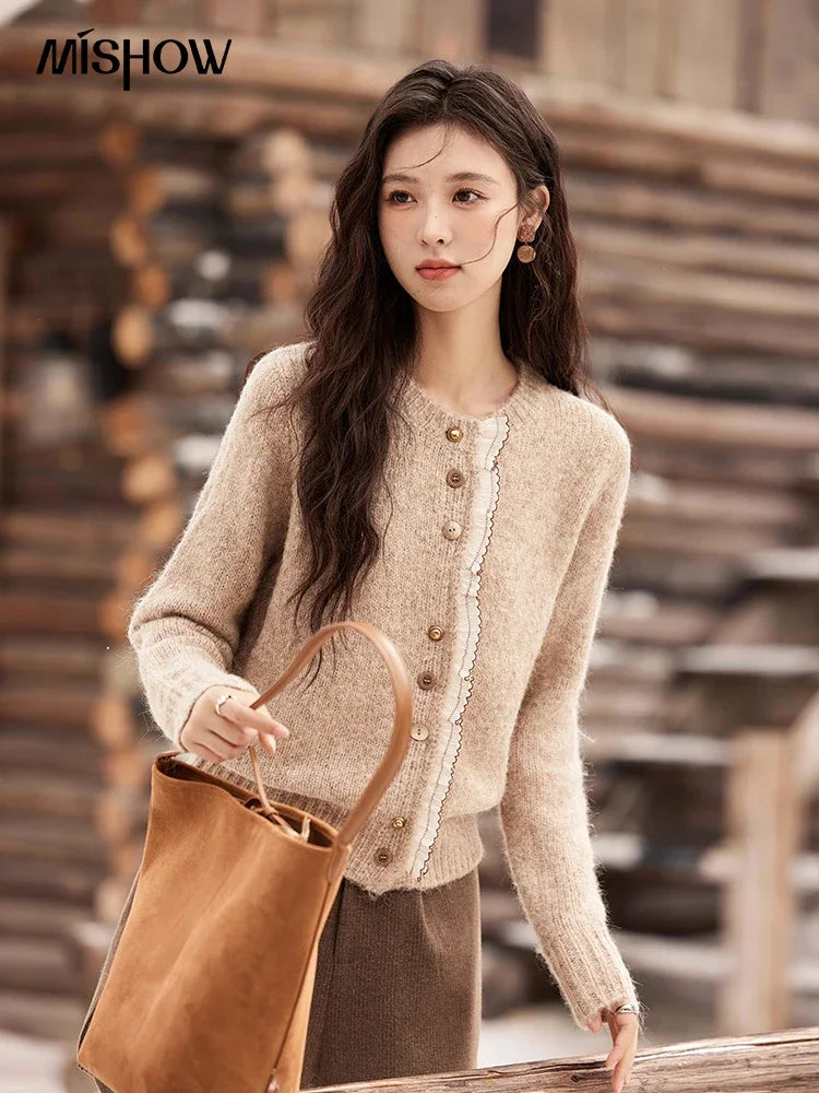 MISHOW Spliced Lace Knitted Cardigan O-Neck Sweaters Women Button Design Temperament Long Sleeved Tops Office Lady MXD58Z0998