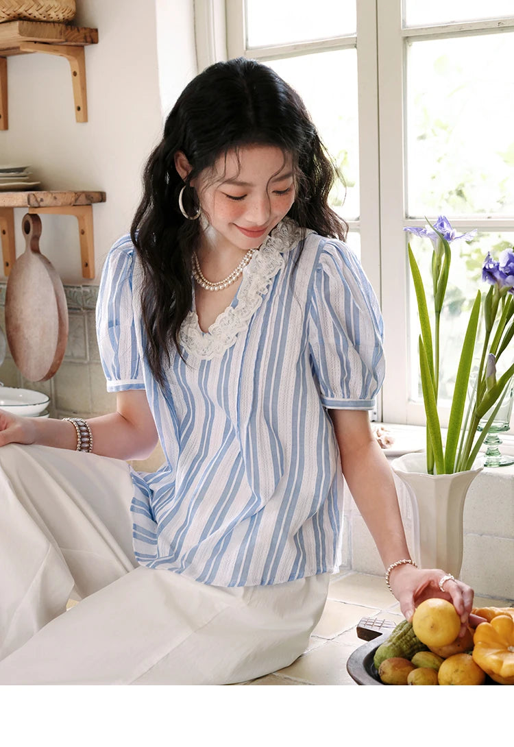 MISHOW 2025 Summer New 100% Cotton Striped Blouse Women Fashion Lantern Sleeve Lace V-neck Casual Top Ladies Clothing MXE36X1845