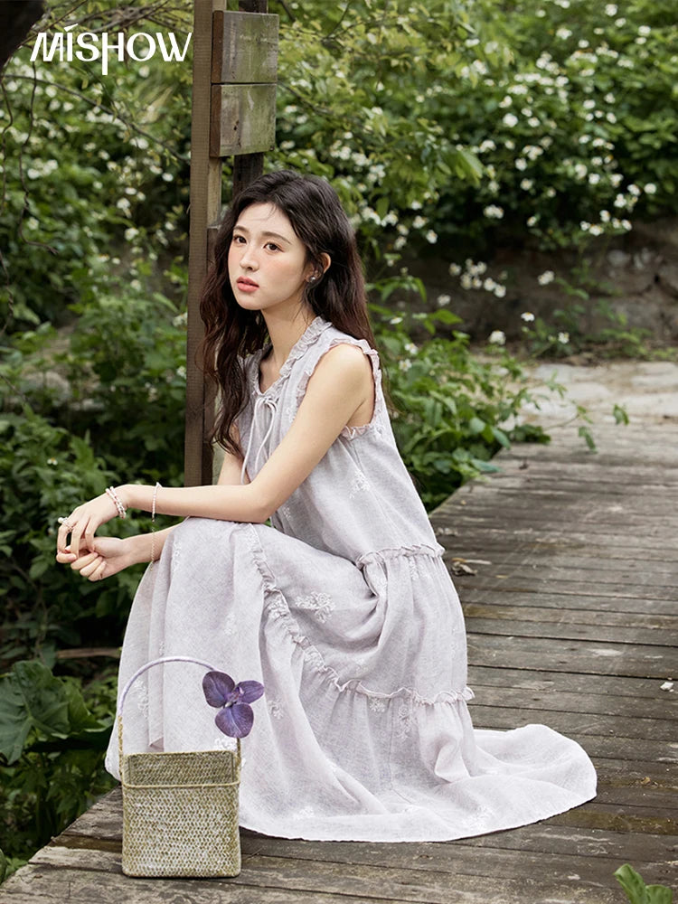 MISHOW Summer Embroidered Dress for Women 2025 New Round Neck Ruffled Sleeveless A-line Midi Dresses Female Fashion MXE33L2231