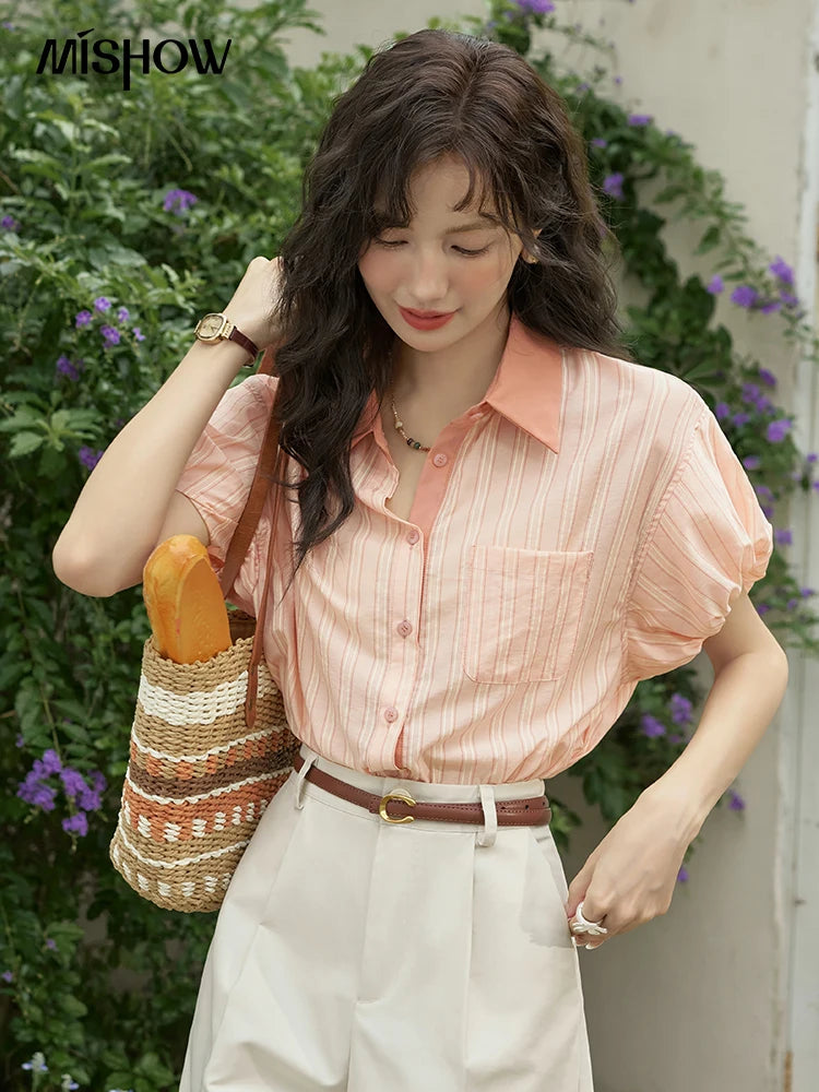 MISHOW Women's Hong Kong Retro Pink Striped Shirt 2024 Summer Short Sleeve Bubble Sleeve Single Breasted Lapel Top MXD28C0250
