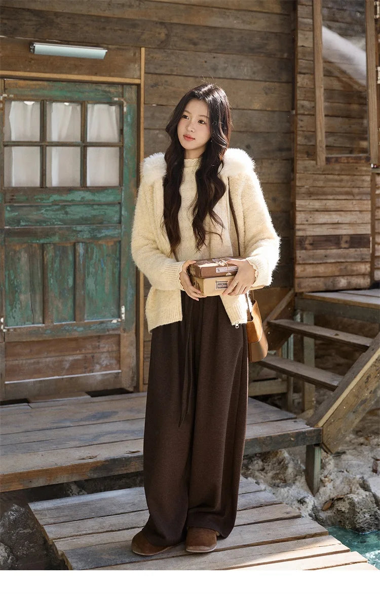 MISHOW Women's Beige White Cardigan Winter Fur Hood Zipper Warm Loose Outerwear Towel Embroidered Knitted Cardigan MXE94Z2963