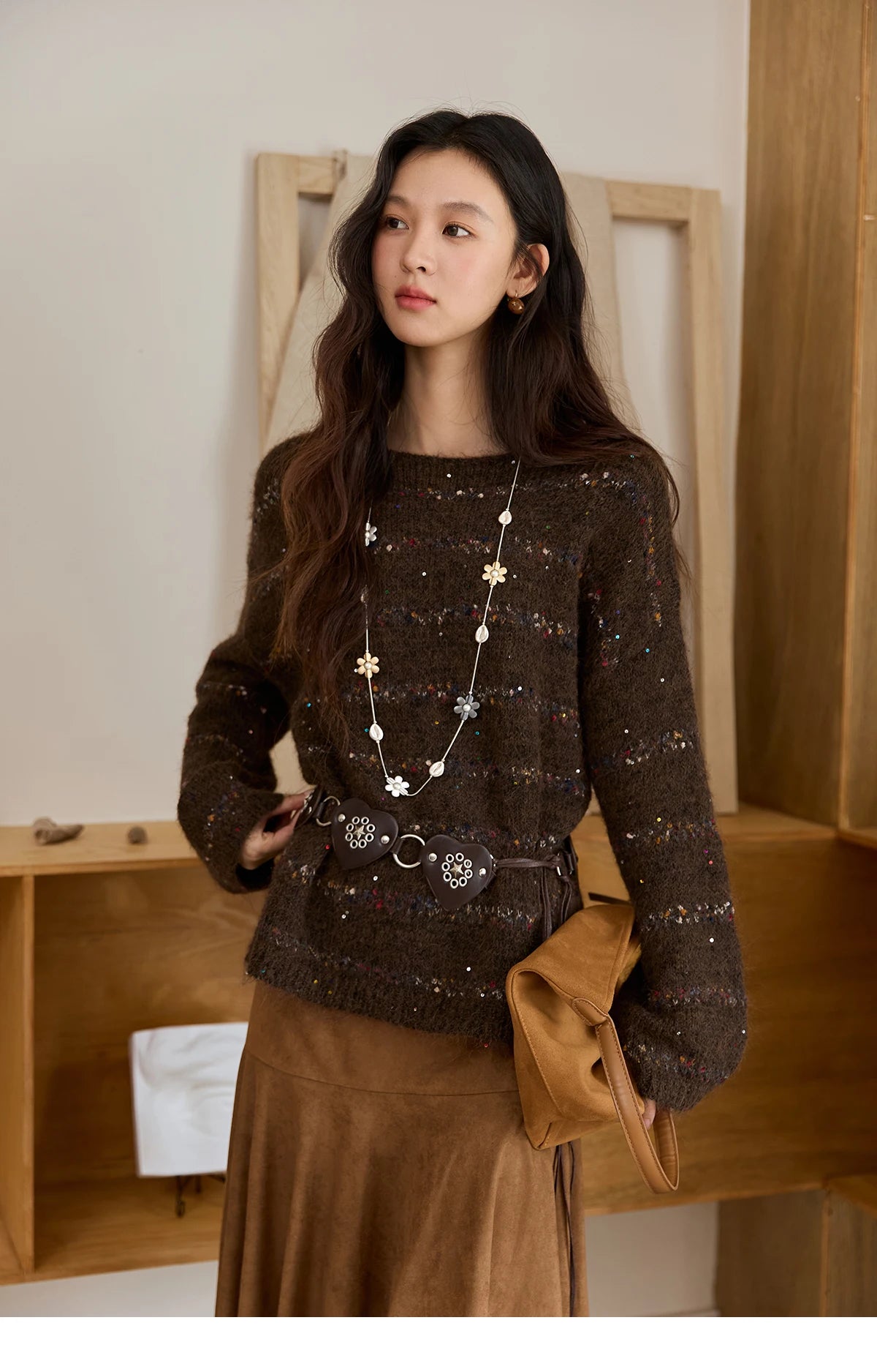 MISHOW Brown Chrysanthemum Yarn Sweaters Women Beltless 2025 Autumn Wool Blend Loose Round Neck Retro Knitted Tops MXE47Z2574