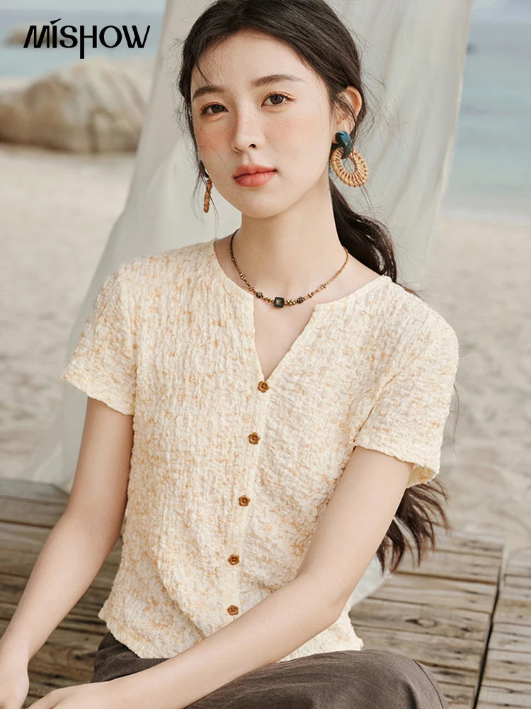 MISHOW Print Casual Summer T-shirts Women 2025 New Short Sleeve V-neck Thin Knitted Shirt Female Fashion Breathable MXE31Z1234