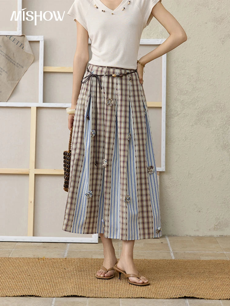 MISHOW Retro Plaid Patchwork Pleats Skirt Summer 2025 Versatile Flowers Slim Skirt A-LINE Skirts Excluding Waist Belt MXE35B0726