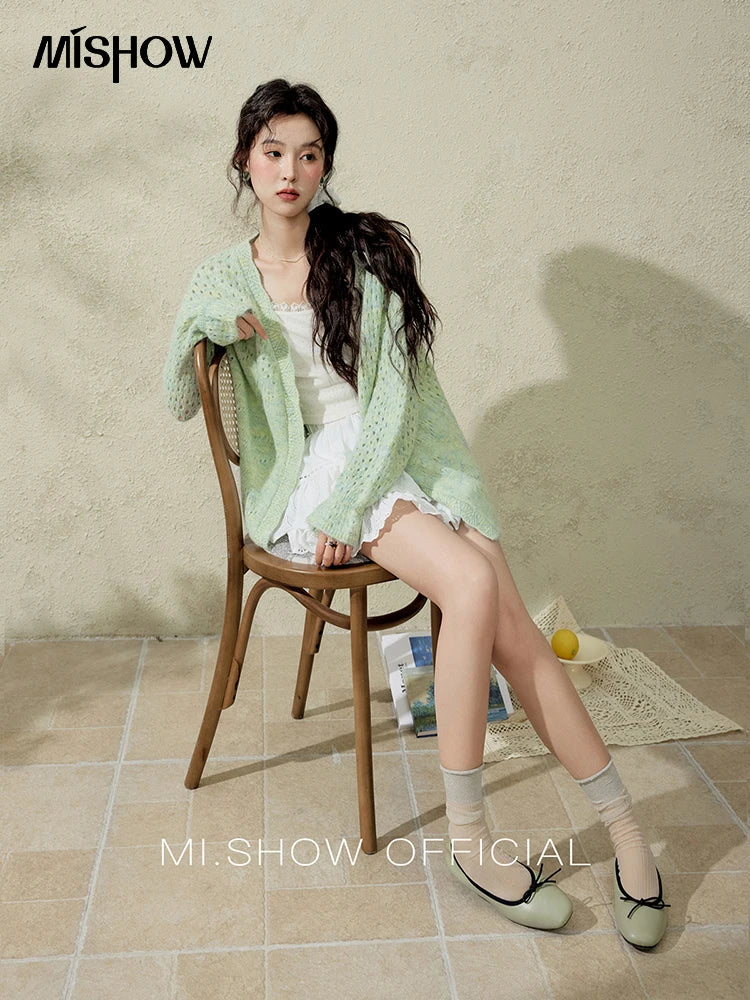 MISHOW Green Knitted Cardigan for Women Spring 2025 Loose Hollow Out Wave Neck Commuting Slim Open Stitch Cardigan MXE12Z1212