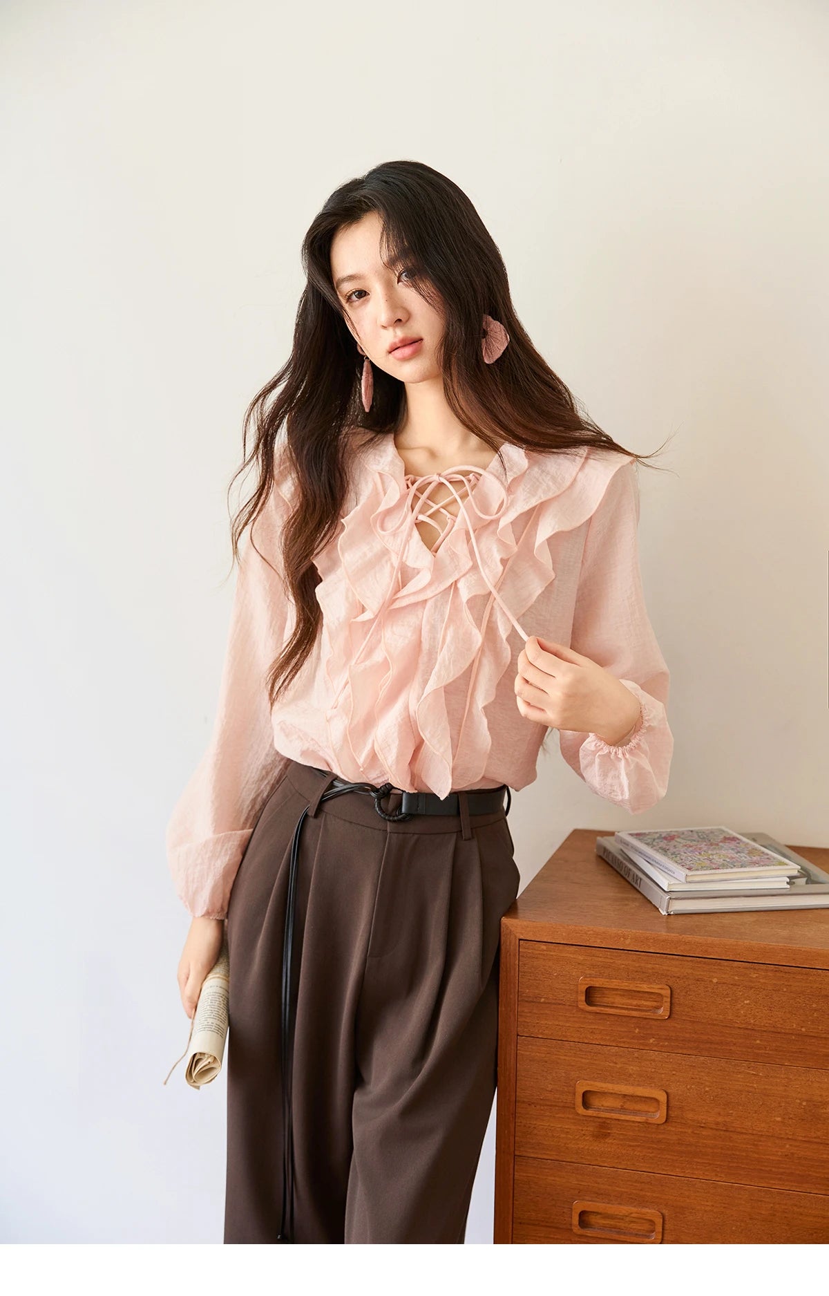 MISHOW Pink Ruffled Blouse for Woman 2025 Autumn New Elegant Sweet V-neck Lace-up Design Shirt Lantern Sleeves Top MXE49X2504