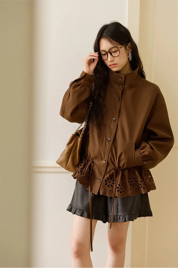 MISHOW Hollow Embroidered Trench for Women Autumn 2025 Drawstring Waist Coffee Jacket Lapel Single Breasted Coat MXE48W0855