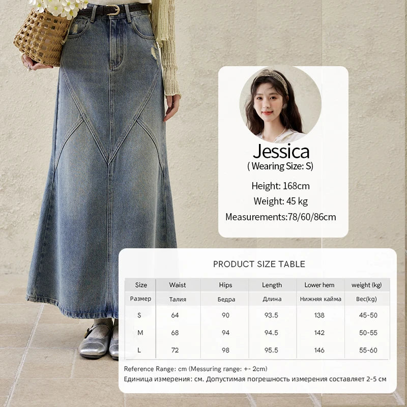 MISHOW Denim Skirt Women 2025 Spring Irregular Wash Denim Distressed Skirts Split Back Hem High Waist Commuter Skirt MXE14B0705
