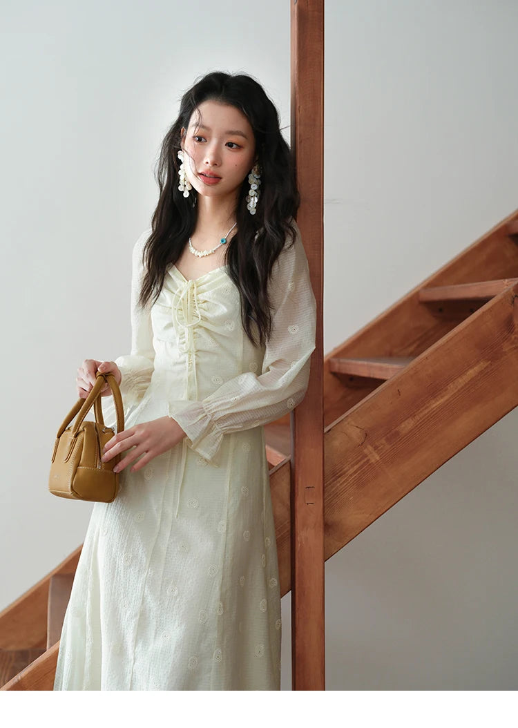 MISHOW Women's Cashew Flower Embroidered Dress 2025 Autumn V-neck Drawstring Long Sleeves Ladies Elegant Slim Dresses MXE41L2387