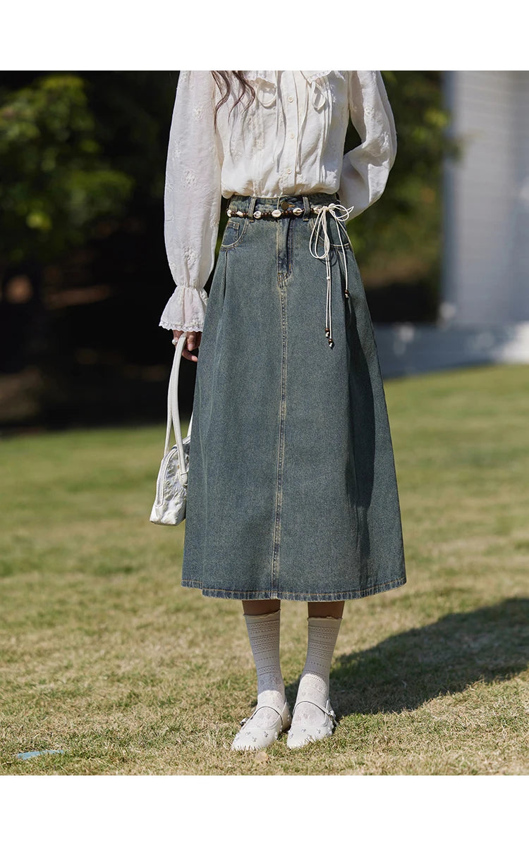 MISHOW Denim Vest Coat Midi Skirt Separately for Women Spring 2025 Korean Retro Washed Cotton Coat Slim A-line Skirt MXE13W0731