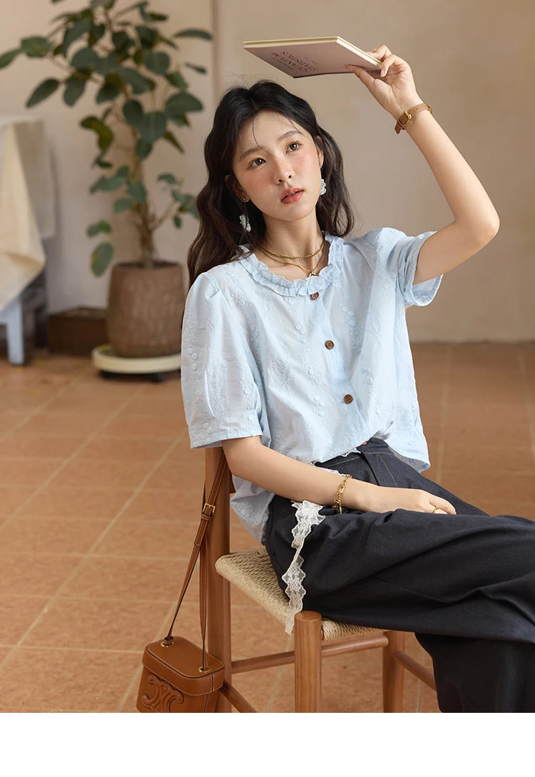 MISHOW 100% Cotton Women's Puff Sleeve Shirt 2025 Summer New Fashion Round Neck Button Top Casual Female Clothing MXE36X1873
