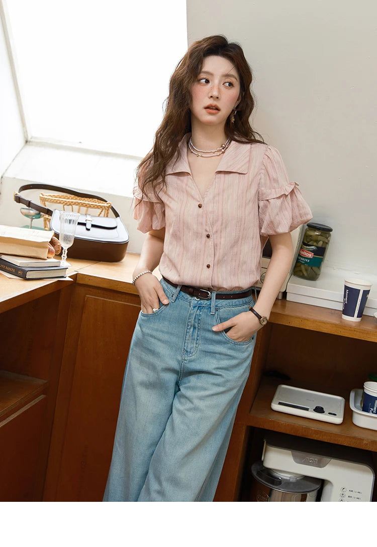 MISHOW Ladies Fashion Puff Sleeve Striped Shirt 2025 Summer New Commute Retro Turn-down Collar Top Women's Clothing MXE37C0808