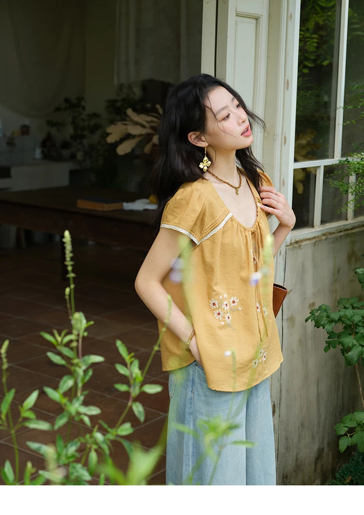 MISHOW Fashion Embroidery Flower Blouses for Woman 2025 Summer O-Neck Lace Up Flying Sleeve Lace Spliced Loose Top MXE39X1880