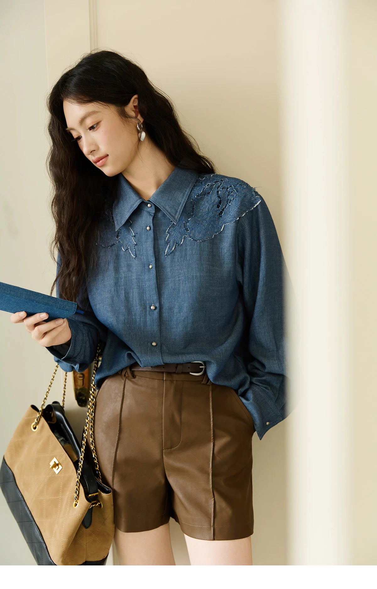 MISHOW Women's Blue Shirt Autumn 2025 Hollowed Out Patchwork Embroidery Tops Imitation Denim Fabric Loose Retro Shirt MXE46C2410