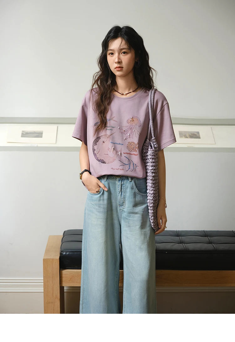 MISHOW Fashion Print T-shirts for women 2025 Summer New O-Neck Loose Casual Short Sleeve Cotton Top Female Clothing MXE36T0575