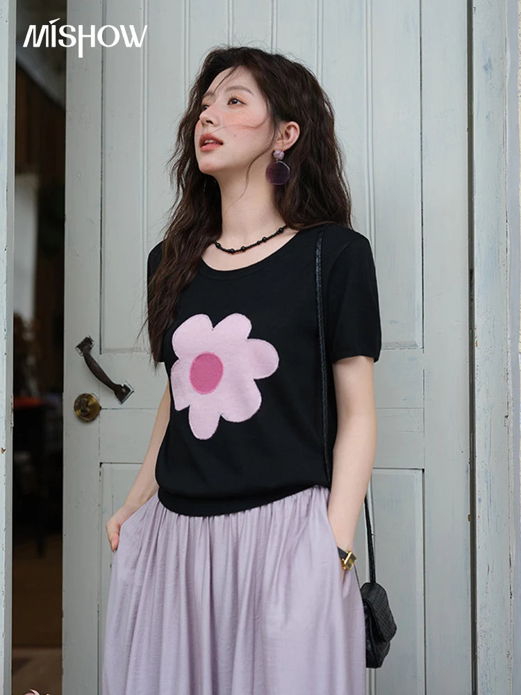 MISHOW Contrast Color Flower Knitted T-shirts for women 2025 Summer New Round Neck Top Women's Clothing Commute Tee MXE39Z1311