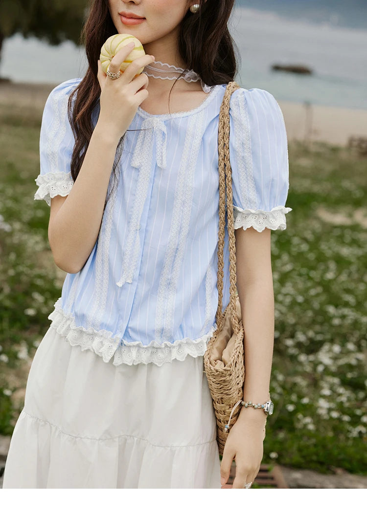 MISHOW French Striped Summer Blouses Women 2025 New Short Puff Sleeve Round Neck Lace Patchwork Shirts Fashion Tops MXE32X1759