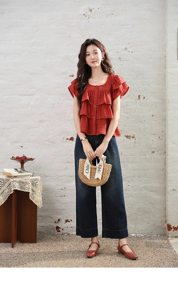 MISHOW Women's French Square Collar Blouses 2024 Summer Retro Red Ruffle Lace Cake Top Puff Sleeve Solid Sweet Blouse MXD30X1488