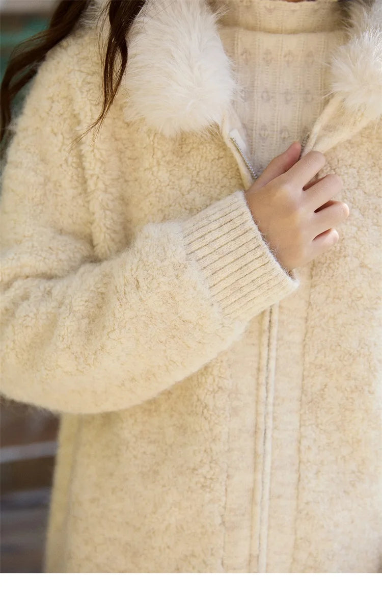 MISHOW Women's Beige White Cardigan Winter Fur Hood Zipper Warm Loose Outerwear Towel Embroidered Knitted Cardigan MXE94Z2963