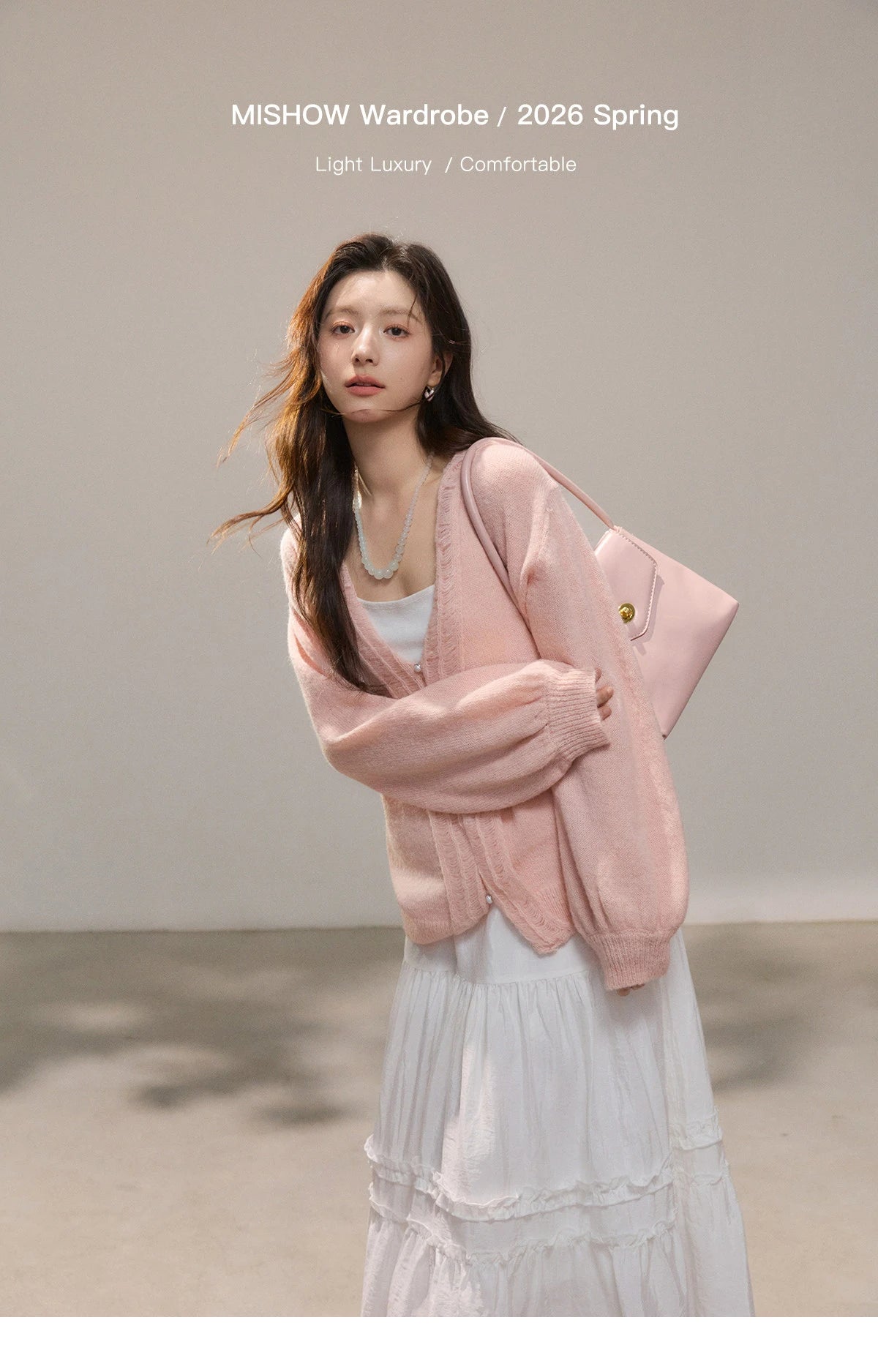 MISHOW Women's Pink Sweet Knit Cardigan 2026 Spring V-Neck Ruffled Trim Pearl Button Cardigans Loose Knitted Sweater MXF108Z1028