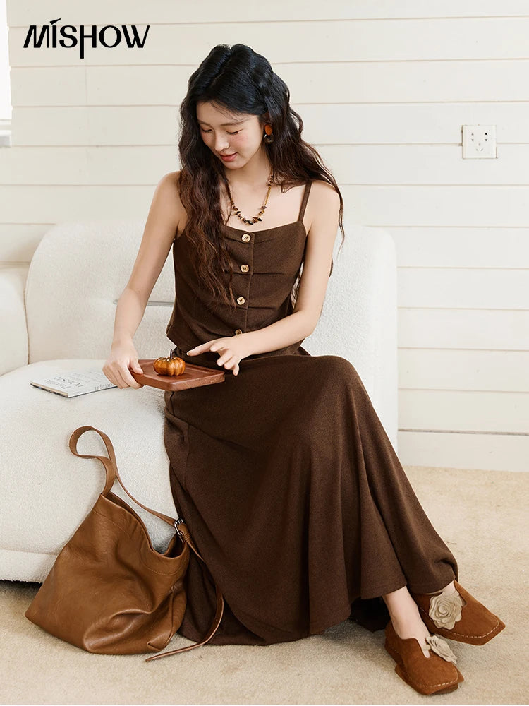 MISHOW Camisole Skirt Suit 2025 Retro Dark Brown Pleated Design Tank Top A-line Skirt Autumn Women's Clothing Set MXE46T1378