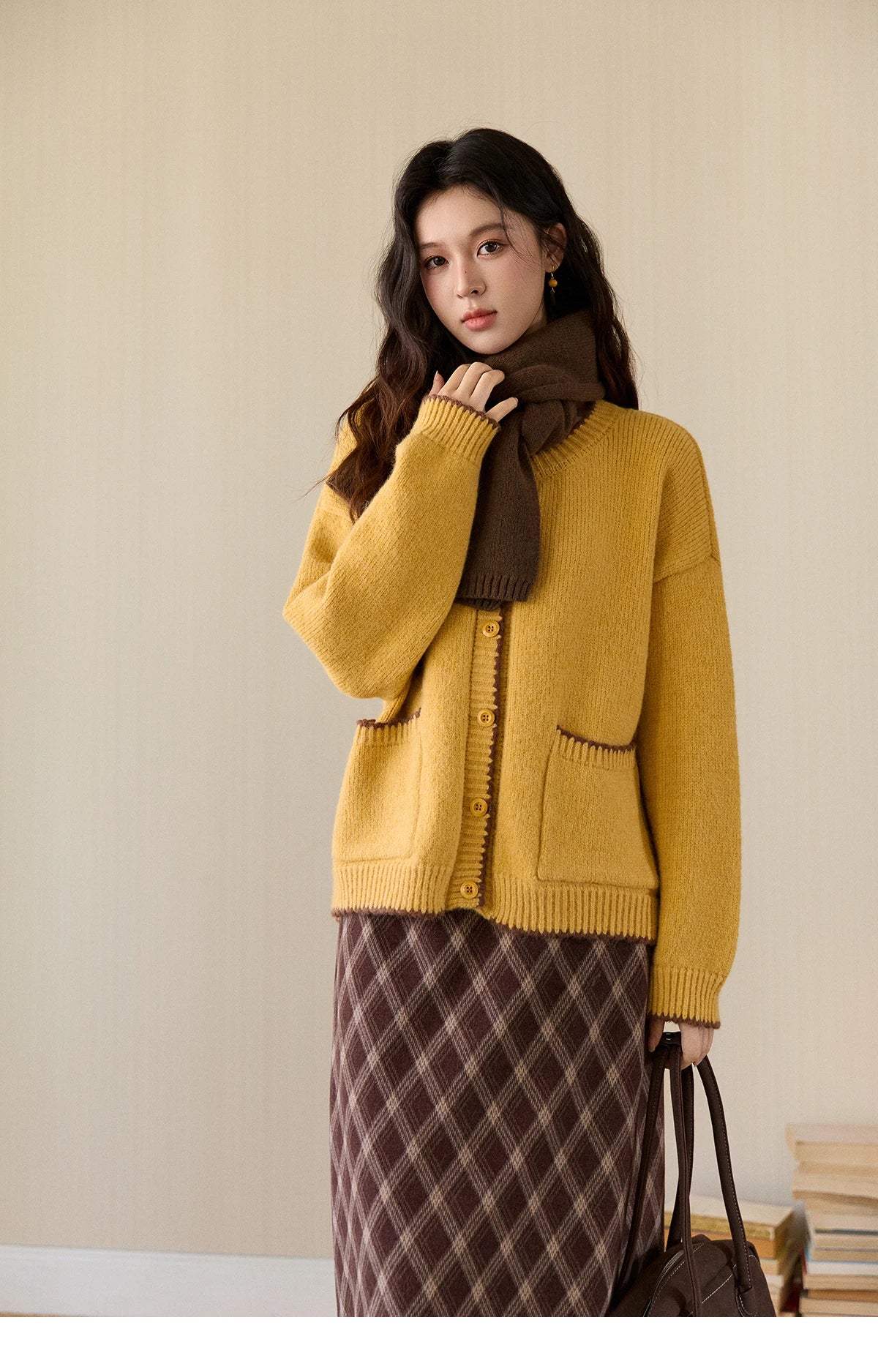 MISHOW Women's Yellow Knitted Cardigan 2025 Autumn Winter Color Collision Edge Sweater Pockets Loose Warm Casual Tops MXE94Z2973