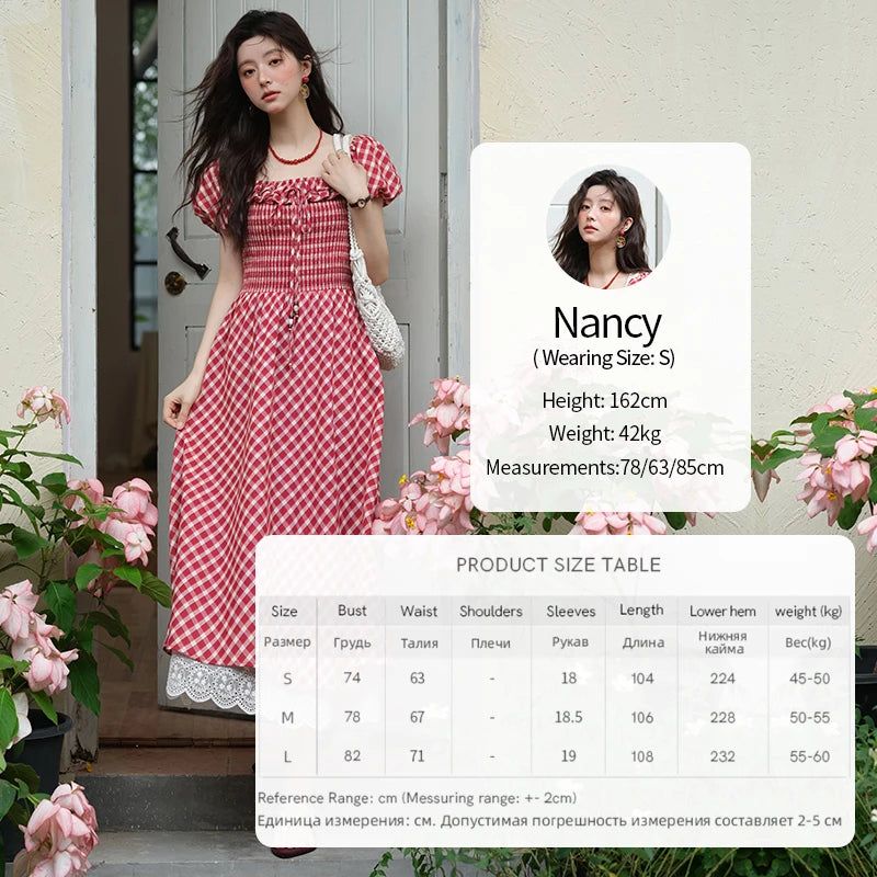 MISHOW Women's Retro Red Plaid Dress 2025 Summer New Square Neck Lace Up Hollow Out Spliced Dresses Women's Clothing MXE39L2324