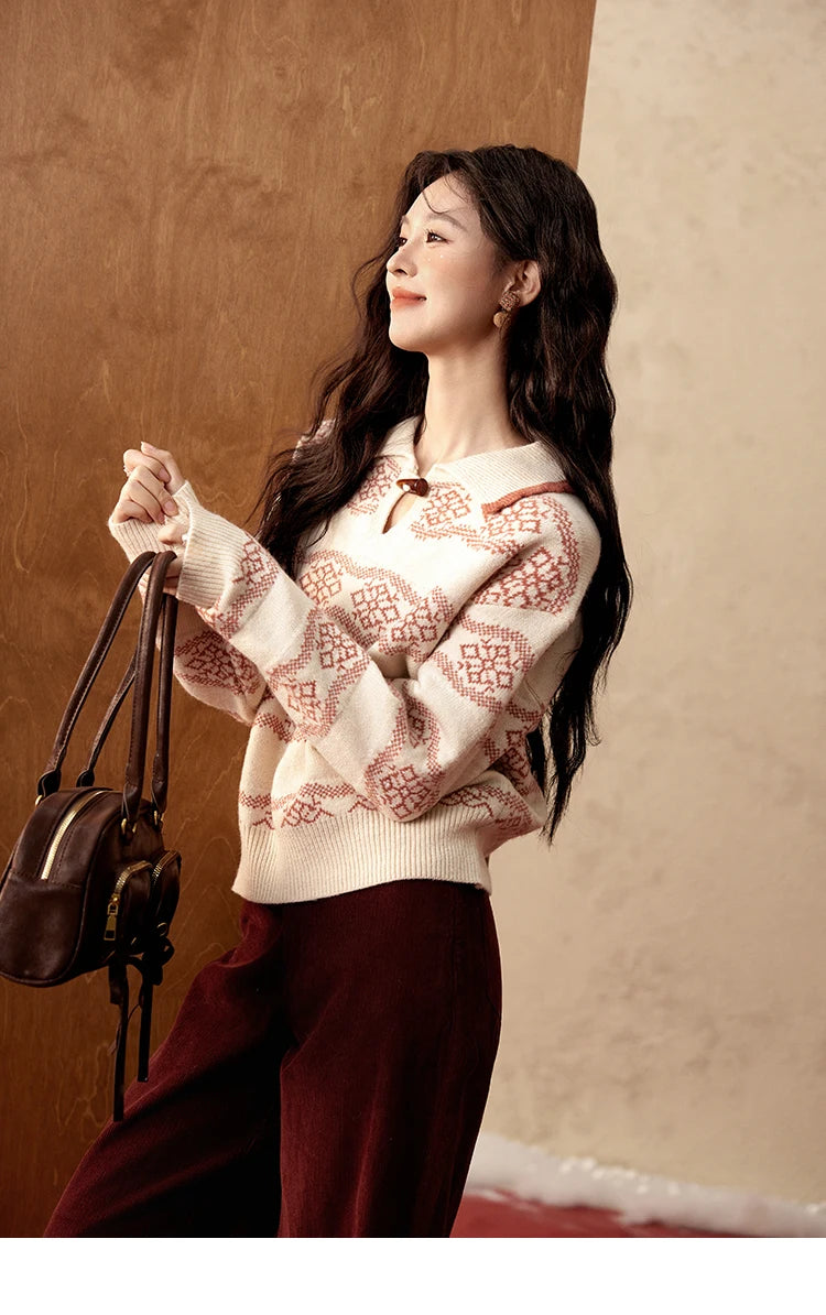 MISHOW Fair Isle Knitting Sweater Women Christmas Turn Down Collar Pullovers Versatile Soft Warm Office Lady Warm Top MXD59Z1042