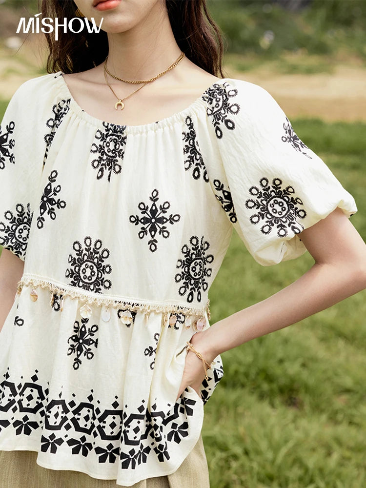 MISHOW Bohemian Print Shirts Women Summer Short Puff Sleeve Square Sleeve Loose Shell Ribbon Stitching Blouses Lady MXE35X1817
