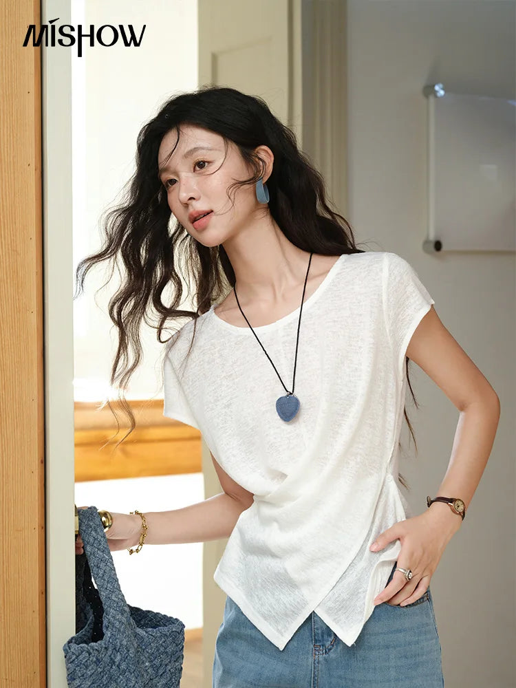 MISHOW Round Neck Knitted T-Shirt Irregular Design Button MXE39T0709