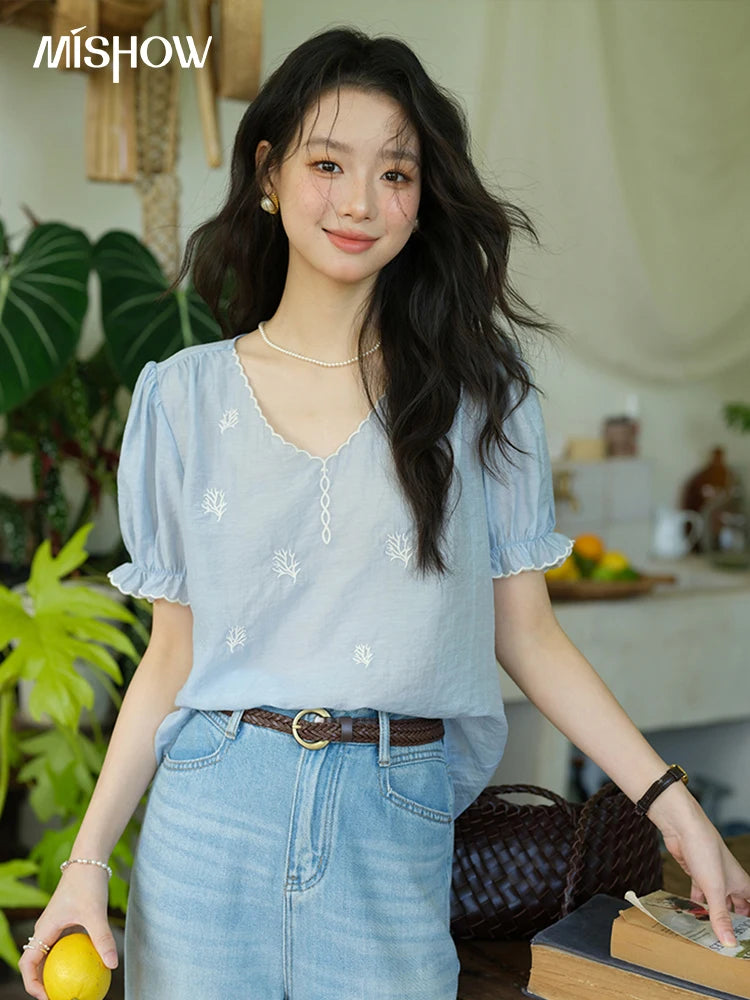 MISHOW Women's Coral Embroidery Summer Blouse 2025 New Fashion V-neck Puff Sleeve Blouse Casual Women's Clothing MXE37X1850