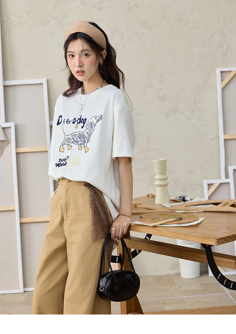 MISHOW Print Summer T-shirts Women 2025 Short Sleeve Round Neck Flocked Puppy Loose Shirt Female Casual Versatile Top MXE33T0542