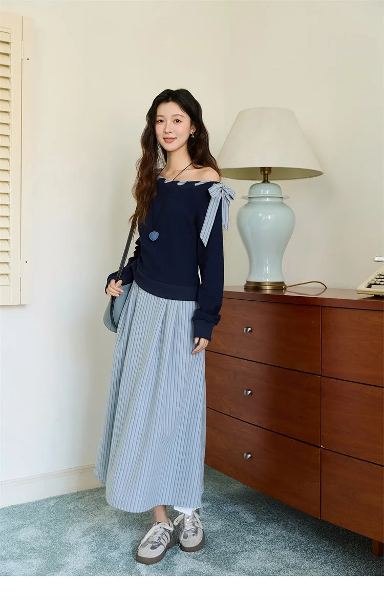 MISHOW Woman Striped Dress 2025 Autumn Blue Navy Slash Neck Contrast Lace Long-sleeved Dress Sexy Clothes for Women MXE45L2516