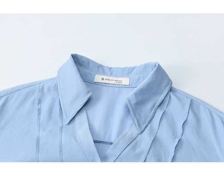 MISHOW Blue Peach Skin Velvet Shirt for Women Autumn 2025 Lapel V-neck Shirts Female Pleated Cuffs Tops Office Lady MXE44C2392