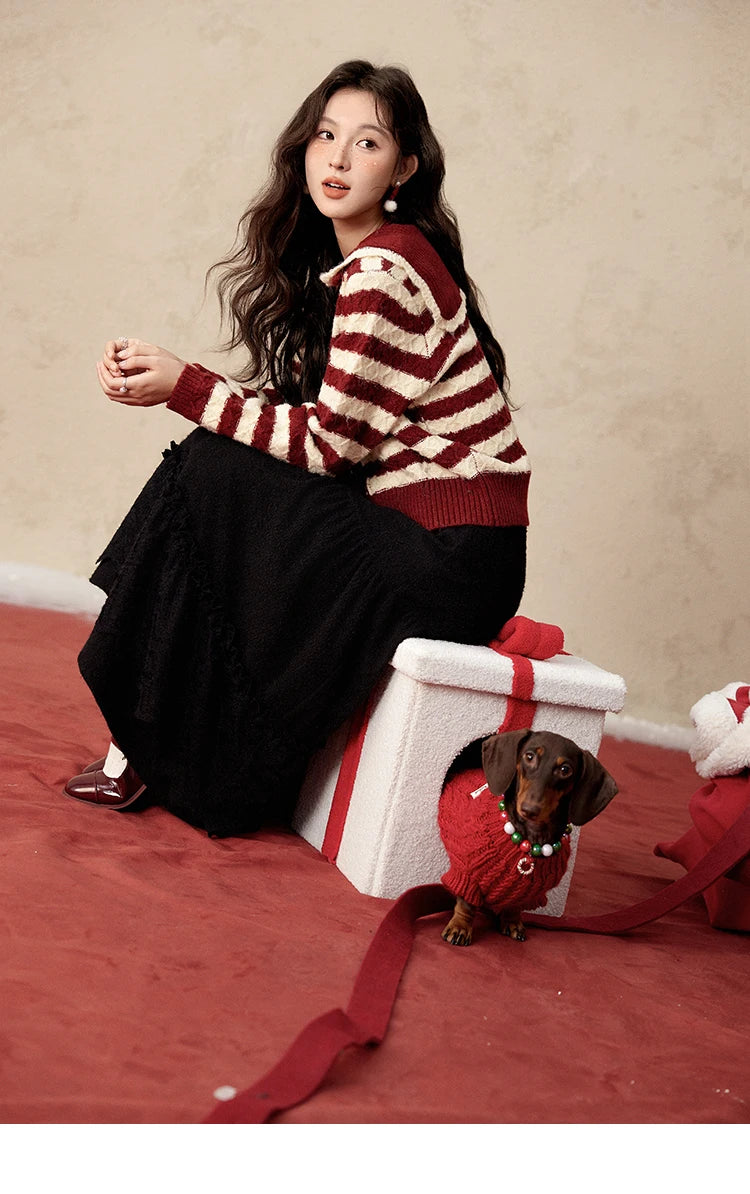 MISHOW Christmas Red Striped Turn Down Collar Cropped Cardigan Thickened Warm Wool Blend Sweater Soft Knitted Tops MXD58Z1038