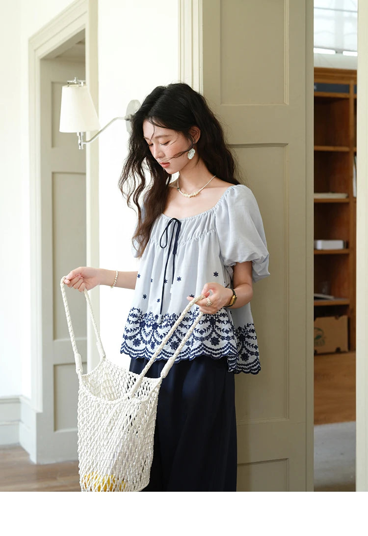 MISHOW Women's Summer Loose Print Blouse 2025 New Fashion Square Neck Lace Up Puff Sleeve Blue Blouse Female Clothing MXE36X1799