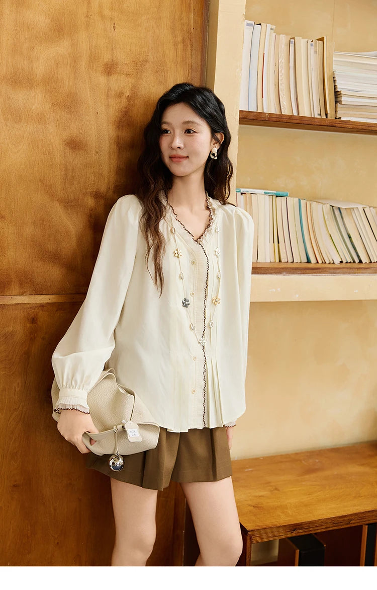 MISHOW Women's Apricot Retro Blouses 2025 Autumn V-neck Pleated Double-layer Lace Tops Lantern Sleeves Loose Blouse MXE46C2404