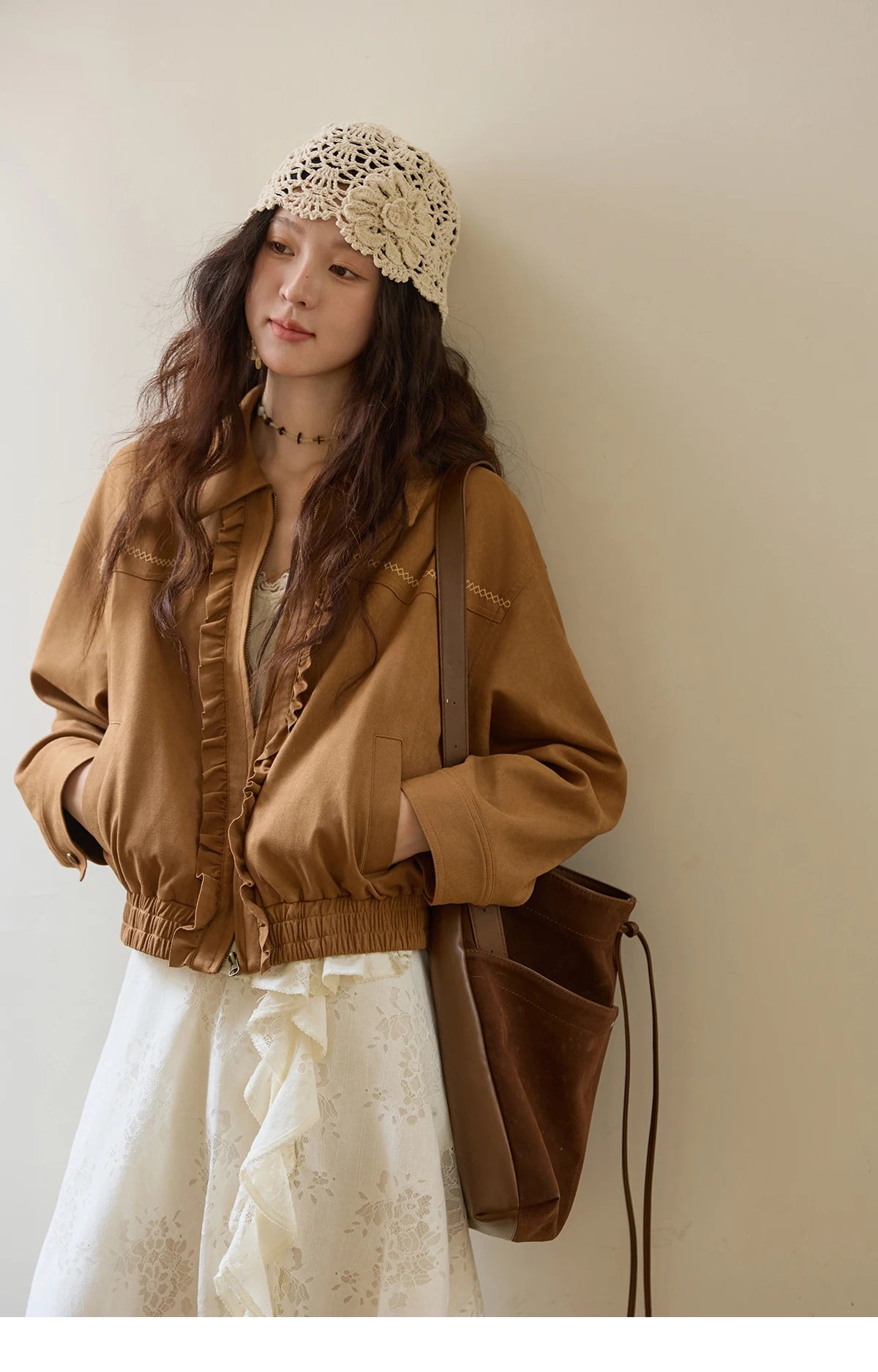 MISHOW Brown Suede Short Coat with Fungus Edge Pleating Autumn 2025 Lapel Zipper Casual Jackets Hem Elasticity Coats MXE43W0803