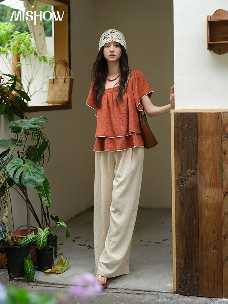 MISHOW Women's Polka Dot Blouse 2025 Summer Square Neck Lace Spliced Double Layered Ruffled Red Top Women's Clothing MXE37X1857