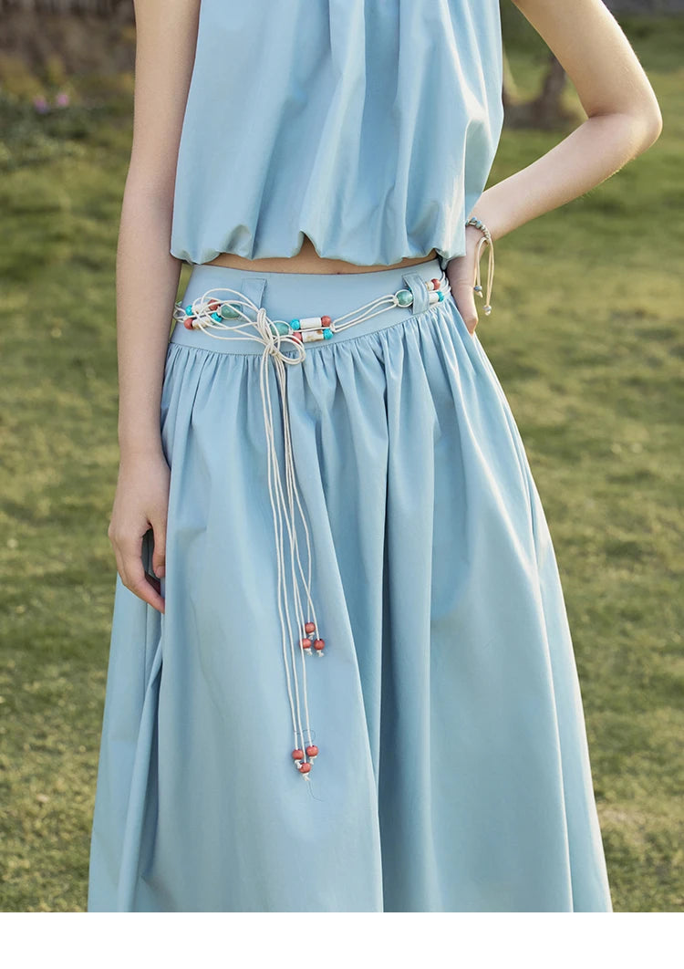 MISHOW Vacation Skirt Set Woman 2025 New Solid Halter Neck Sleeveless Short Tops Midi Loose Skirt Female with Belt MXE33T0546